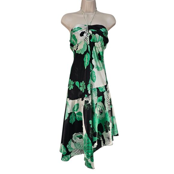 Y2K B. Darlin Green Black White Floral Strapless Handkerchief Hem Midi Dress S - Picture 1 of 7